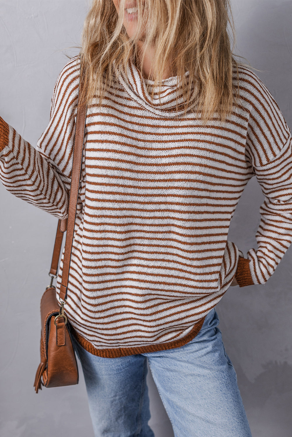Gray Striped Turtleneck Loose Sweater