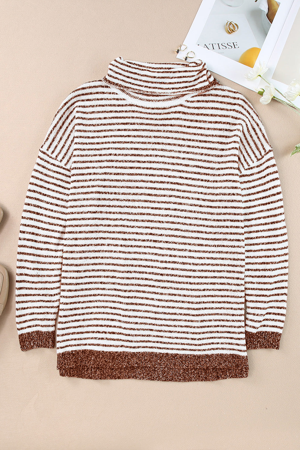 Gray Striped Turtleneck Loose Sweater