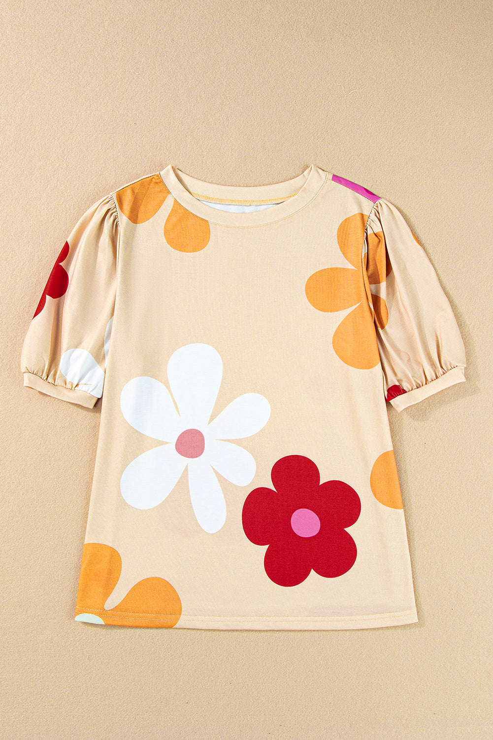 Pink Flower Print Bubble Sleeve Tee