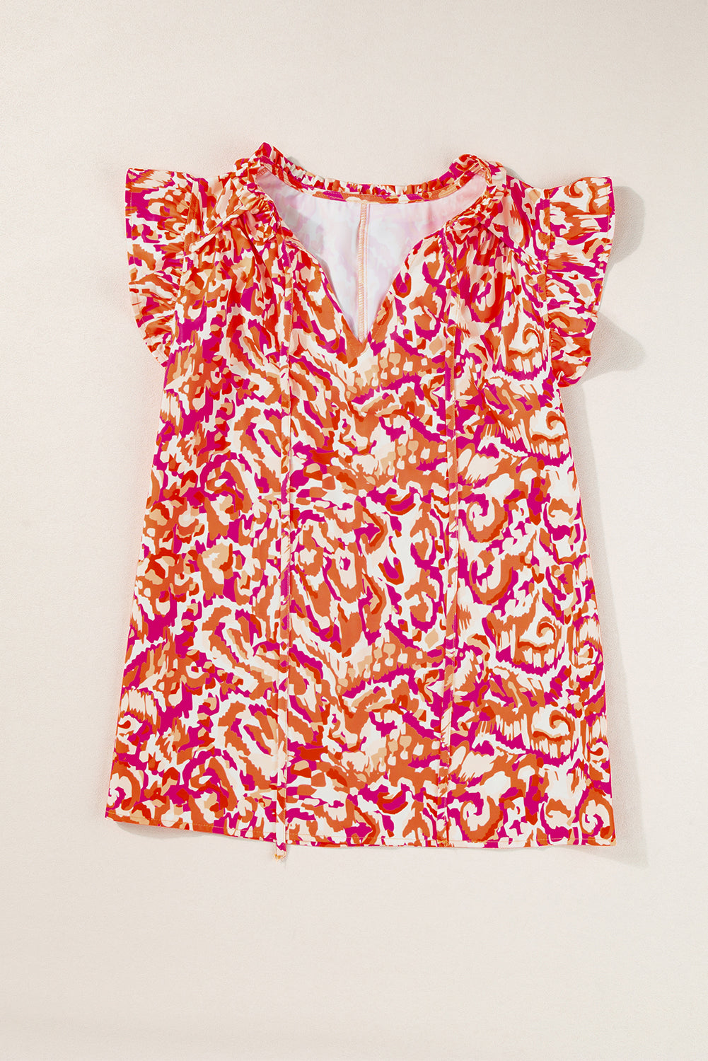 Green Abstract Print Ruffled Trim Tied Split Neck Tank Top