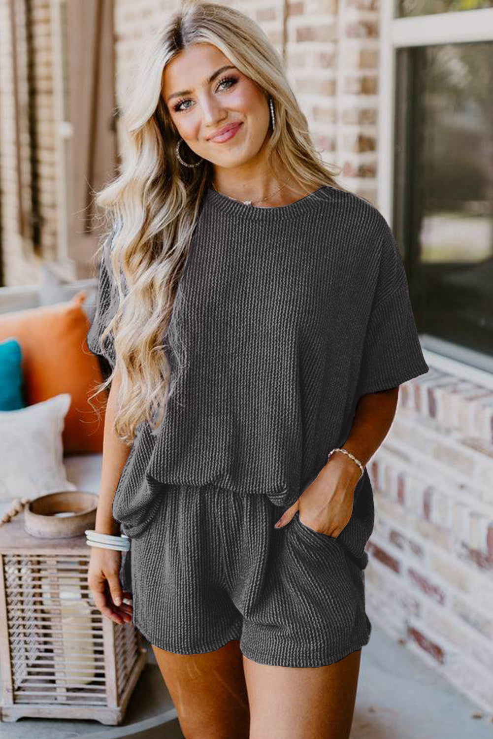 Orange Ribbed Textured Knit Loose Fit Tee and Shorts Set