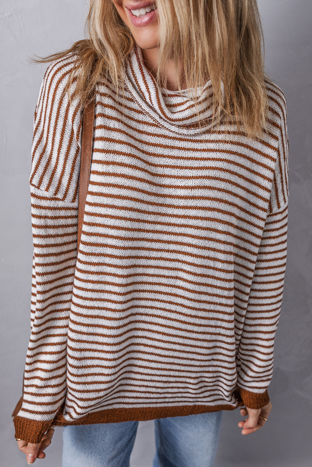 Gray Striped Turtleneck Loose Sweater