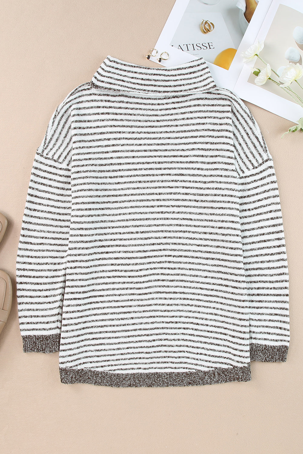 Gray Striped Turtleneck Loose Sweater