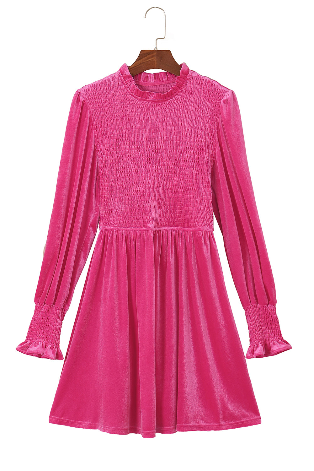 Moss Green Frilled Neck Smocked Bodice Velvet Dress