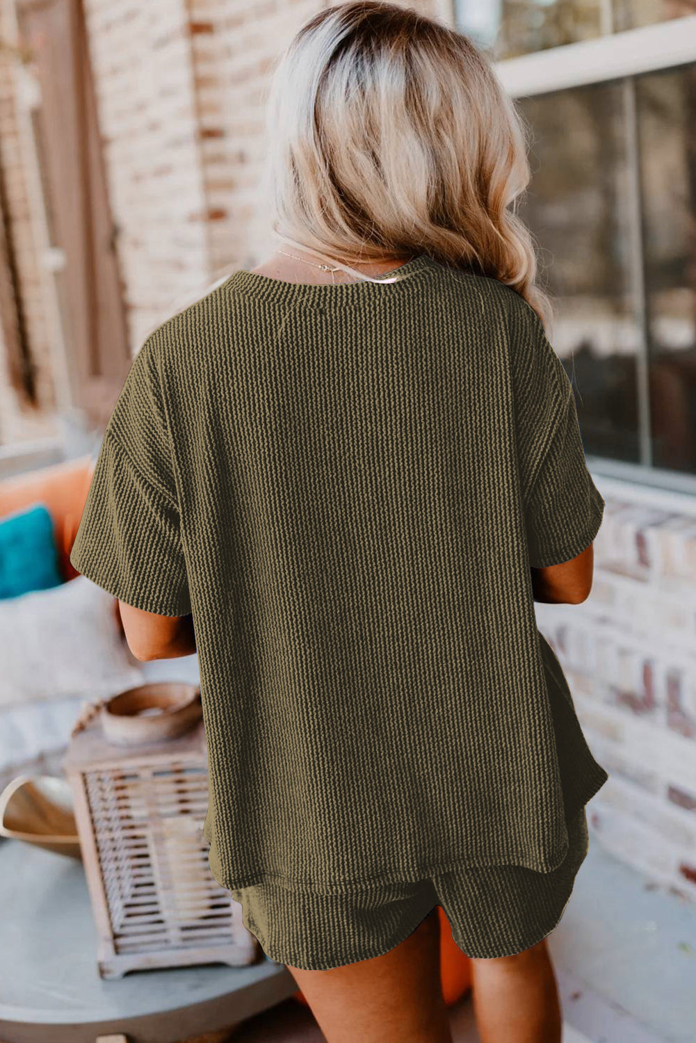 Orange Ribbed Textured Knit Loose Fit Tee and Shorts Set