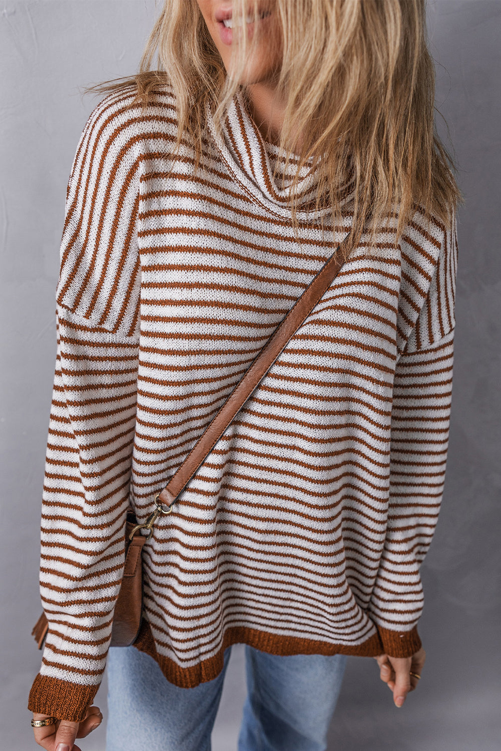 Gray Striped Turtleneck Loose Sweater