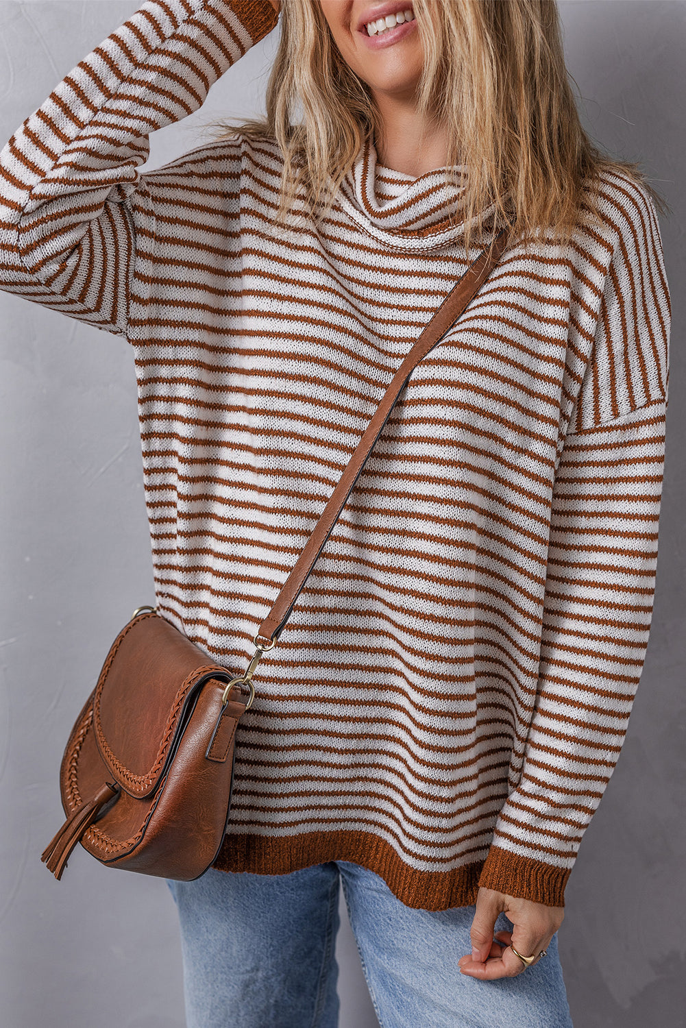Gray Striped Turtleneck Loose Sweater