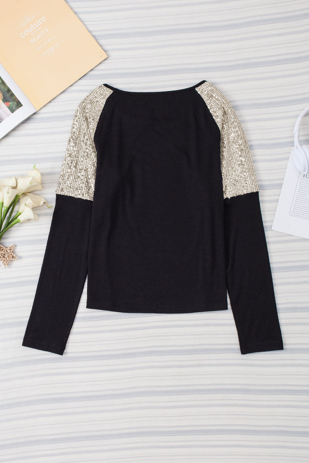 White Sequin Patch Chest Pocket Raglan Sleeve Top