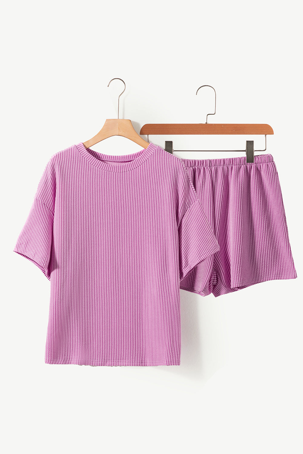 Orange Ribbed Textured Knit Loose Fit Tee and Shorts Set
