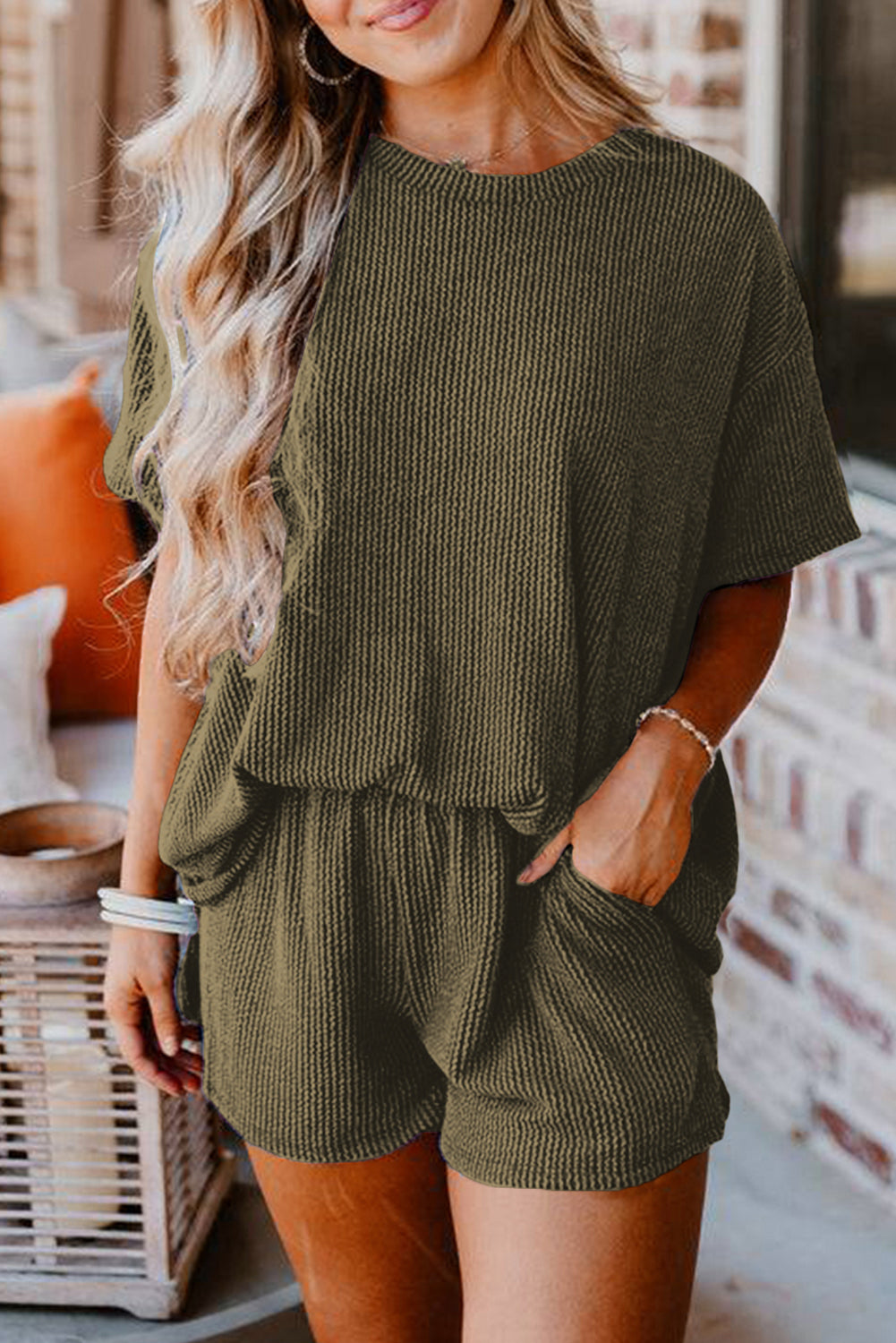 Orange Ribbed Textured Knit Loose Fit Tee and Shorts Set
