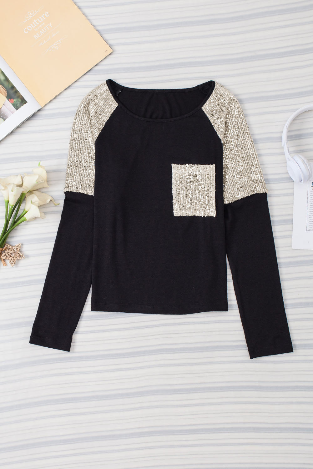 White Sequin Patch Chest Pocket Raglan Sleeve Top