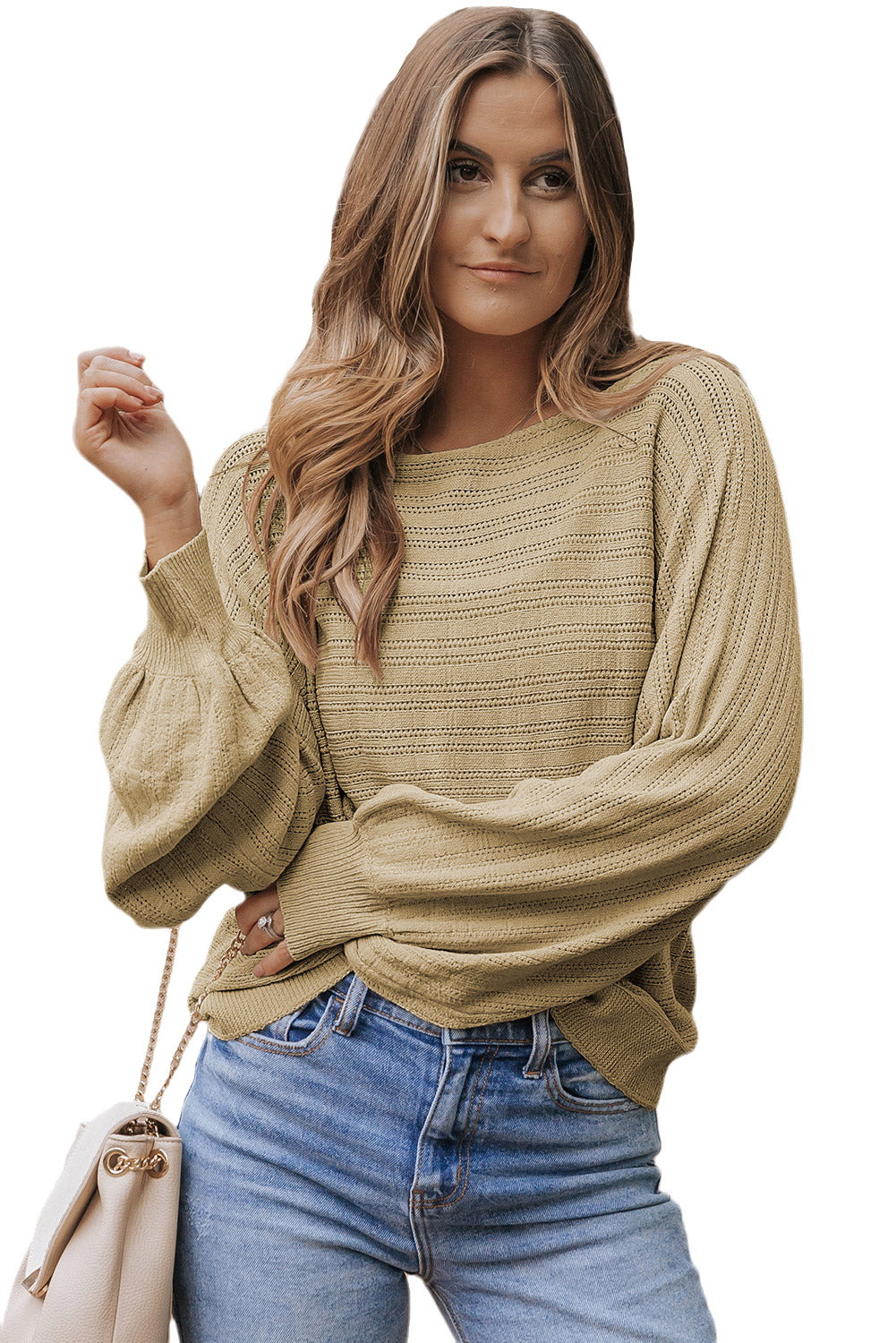 Jungle Green Lantern Sleeve Eyelets Textured Knit Sweater