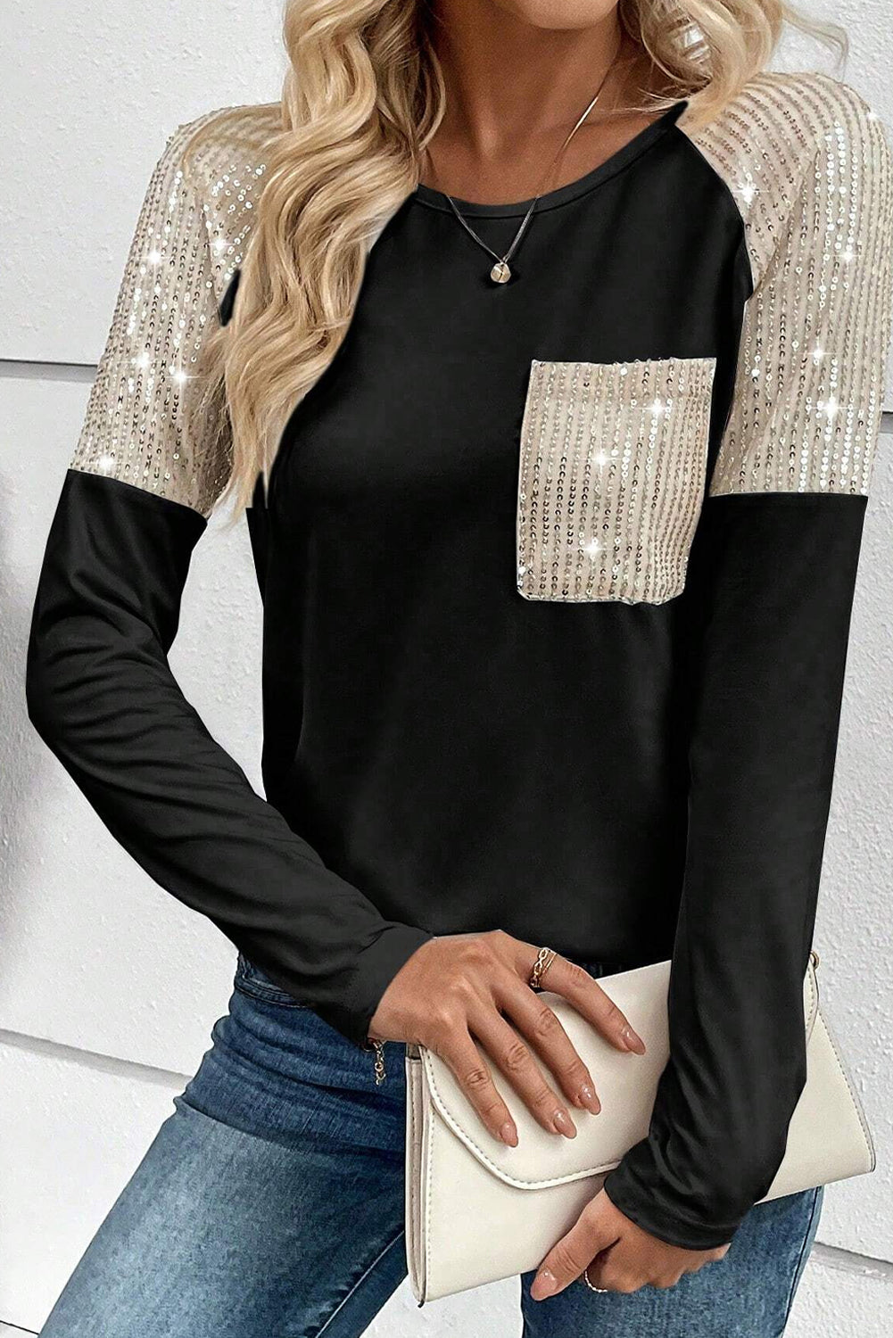 White Sequin Patch Chest Pocket Raglan Sleeve Top