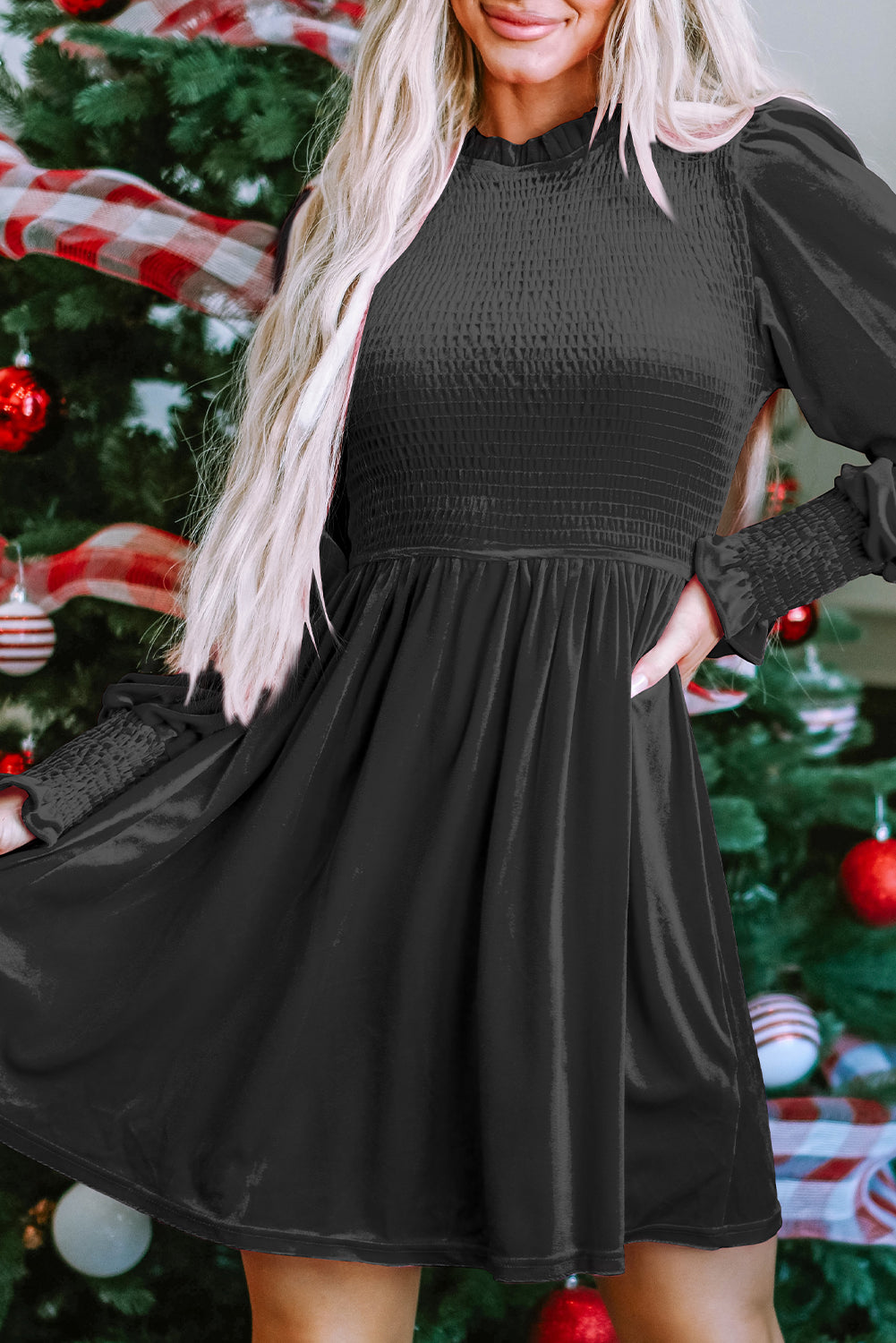 Moss Green Frilled Neck Smocked Bodice Velvet Dress