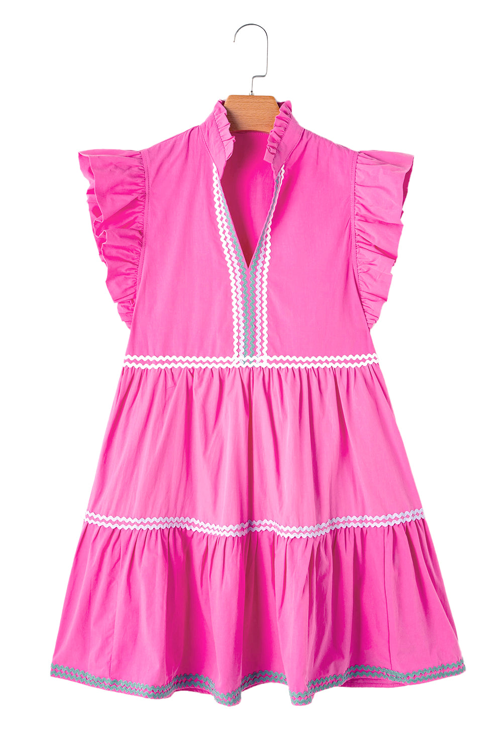 Beau Blue Ric Rac Colorblock Flutter Sleeve V Neck Tiered Dress