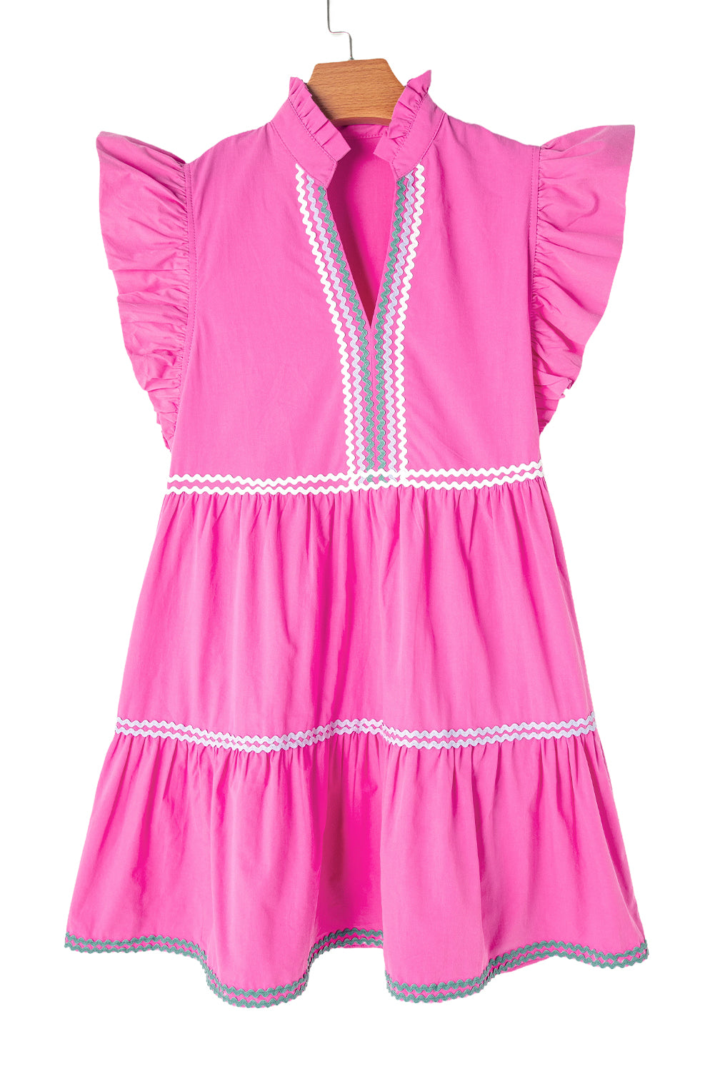 Beau Blue Ric Rac Colorblock Flutter Sleeve V Neck Tiered Dress