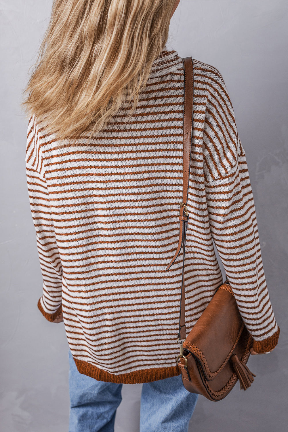 Gray Striped Turtleneck Loose Sweater