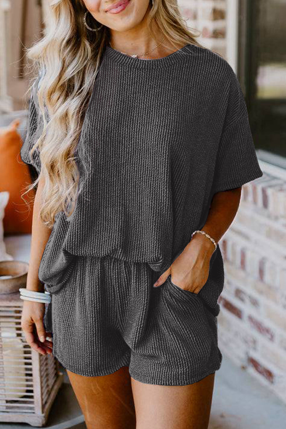 Orange Ribbed Textured Knit Loose Fit Tee and Shorts Set