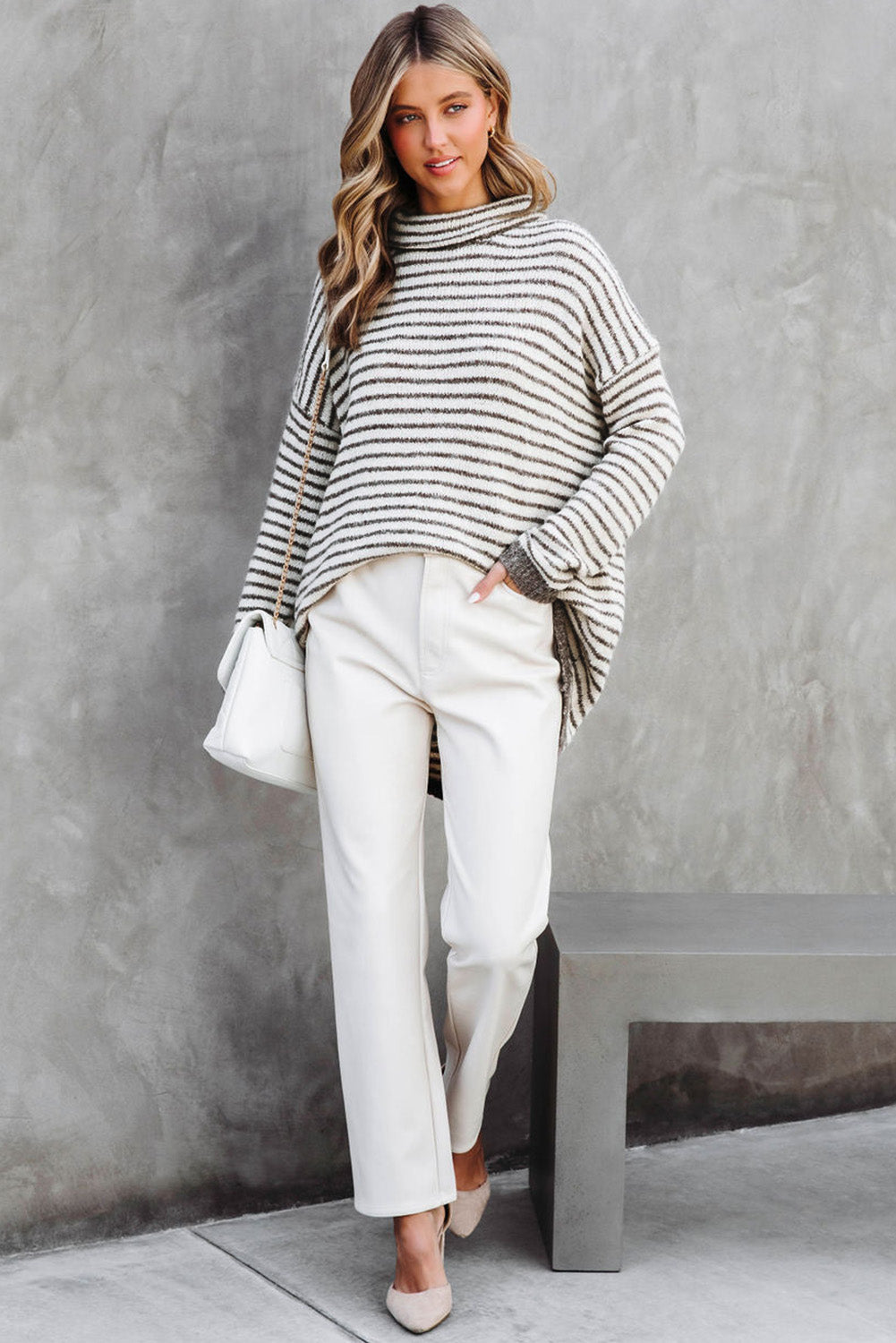 Gray Striped Turtleneck Loose Sweater