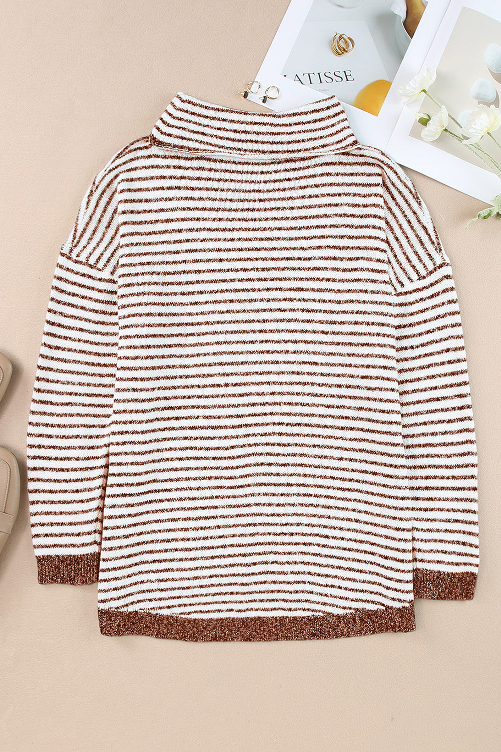 Gray Striped Turtleneck Loose Sweater