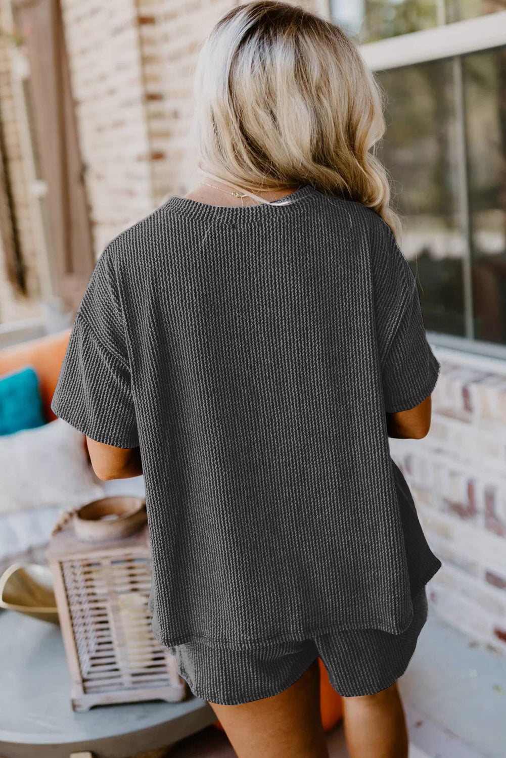 Orange Ribbed Textured Knit Loose Fit Tee and Shorts Set