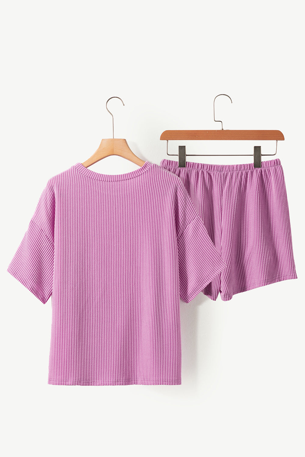 Orange Ribbed Textured Knit Loose Fit Tee and Shorts Set