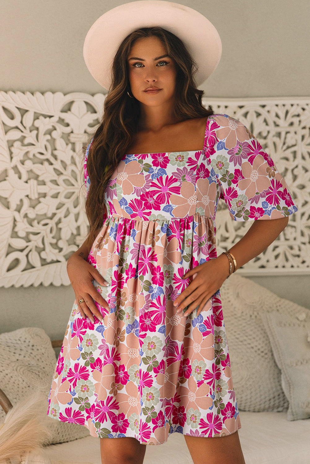 Pink Summer Floral Square Neck Puff Sleeve Babydoll Dress