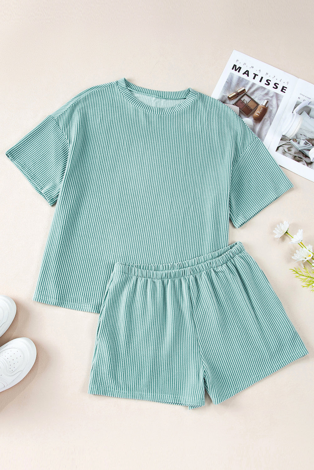 Orange Ribbed Textured Knit Loose Fit Tee and Shorts Set