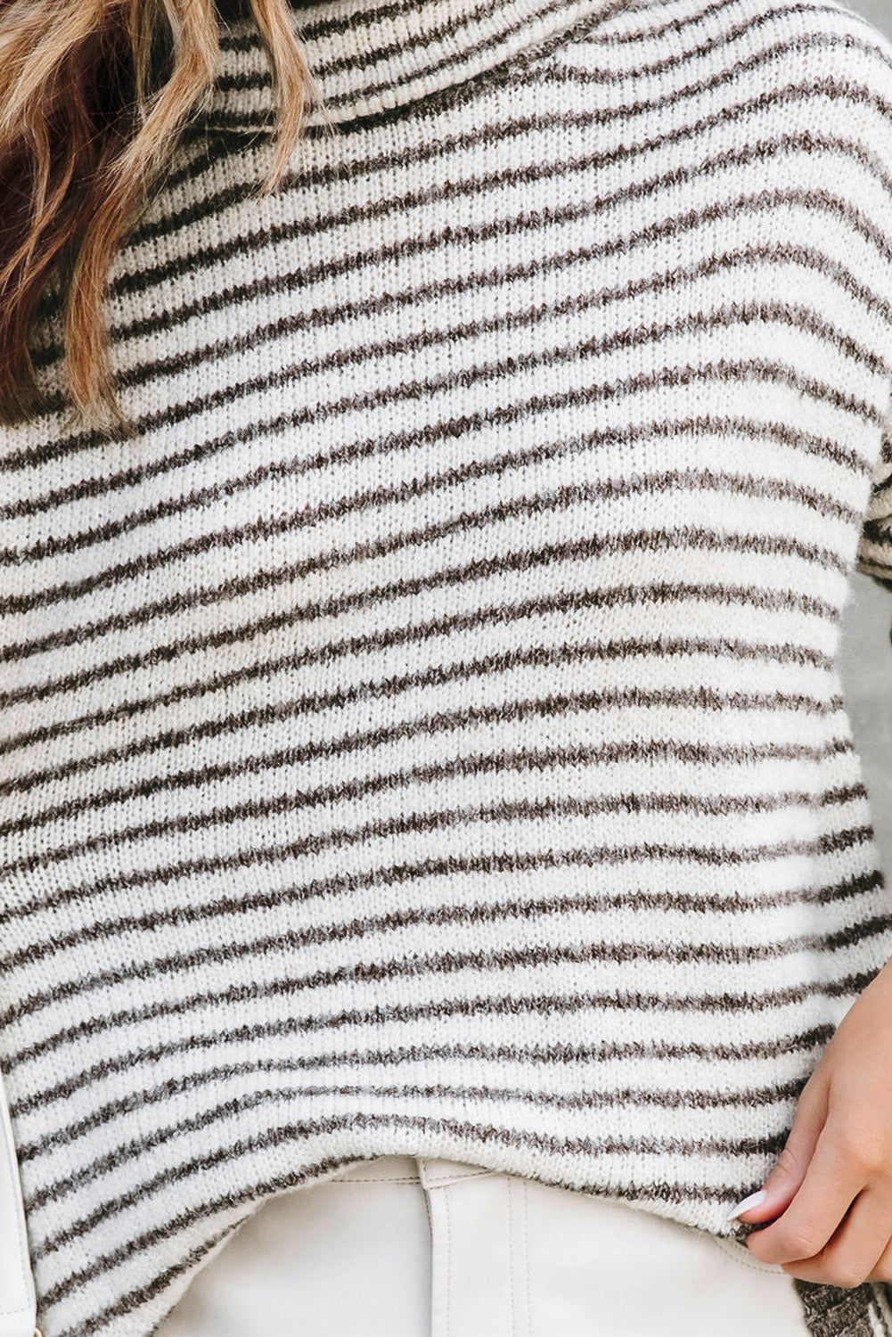 Gray Striped Turtleneck Loose Sweater
