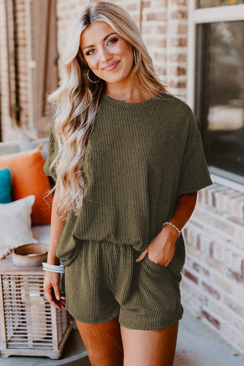 Orange Ribbed Textured Knit Loose Fit Tee and Shorts Set