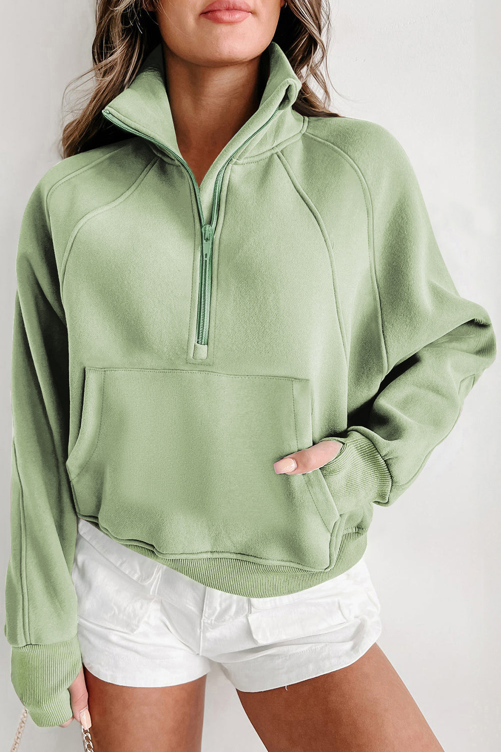 Bonbon Fleece Lined Zip Up Stand Collar Thumbhole Sleeve Sweatshirt