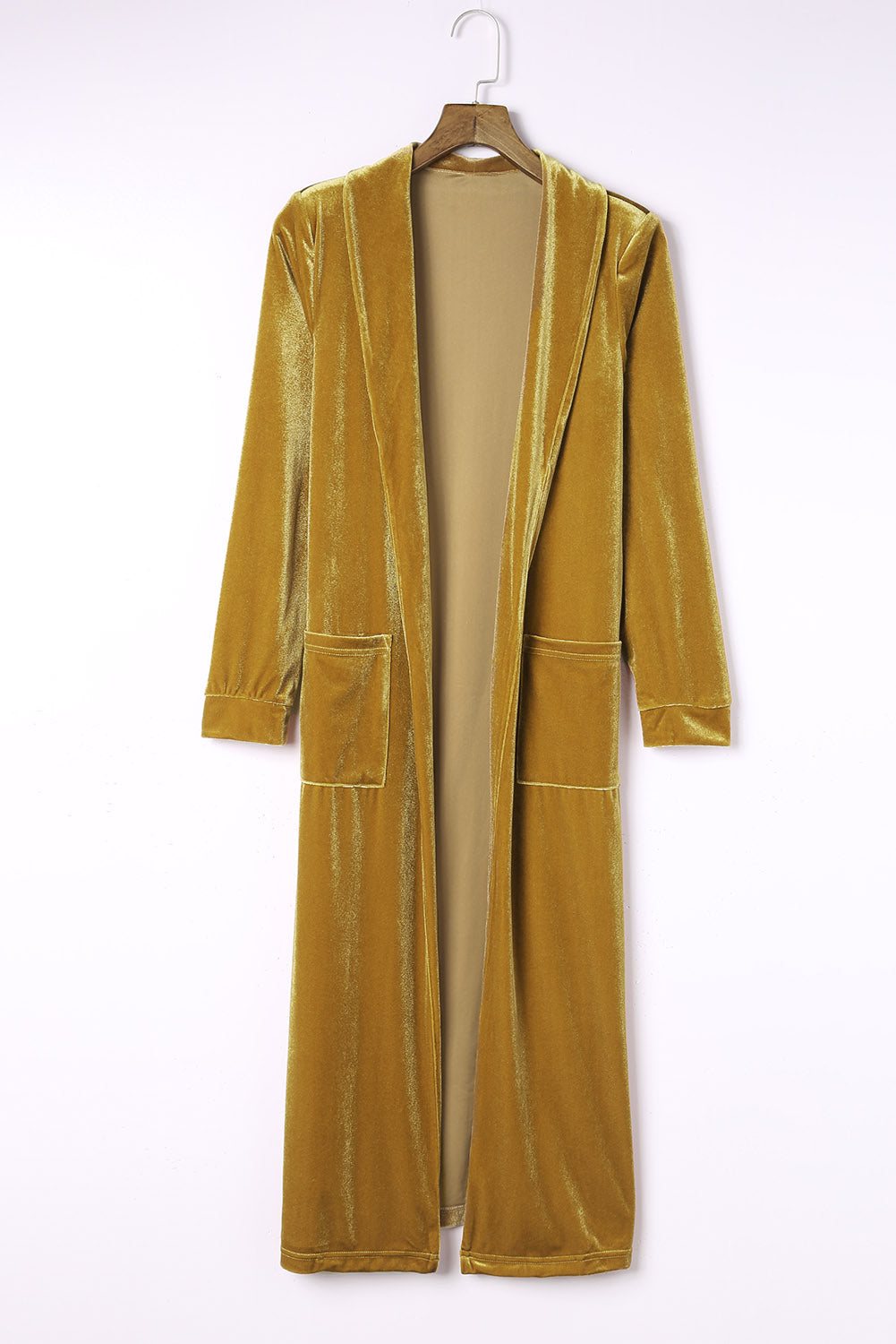 Fiery Red Velvet Open Front Pocketed Long Duster