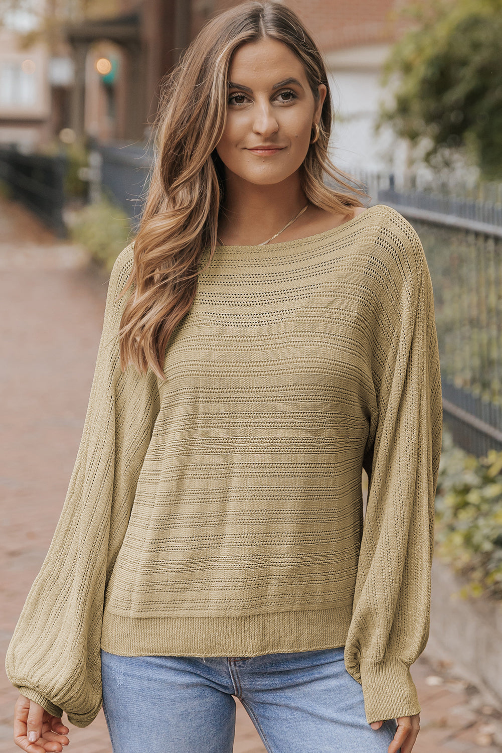 Jungle Green Lantern Sleeve Eyelets Textured Knit Sweater