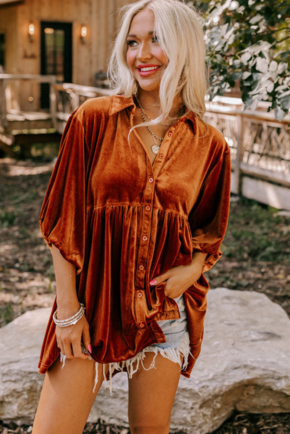 Dark Grey 3/4 Sleeve Tunic Babydoll Velvet Shirt
