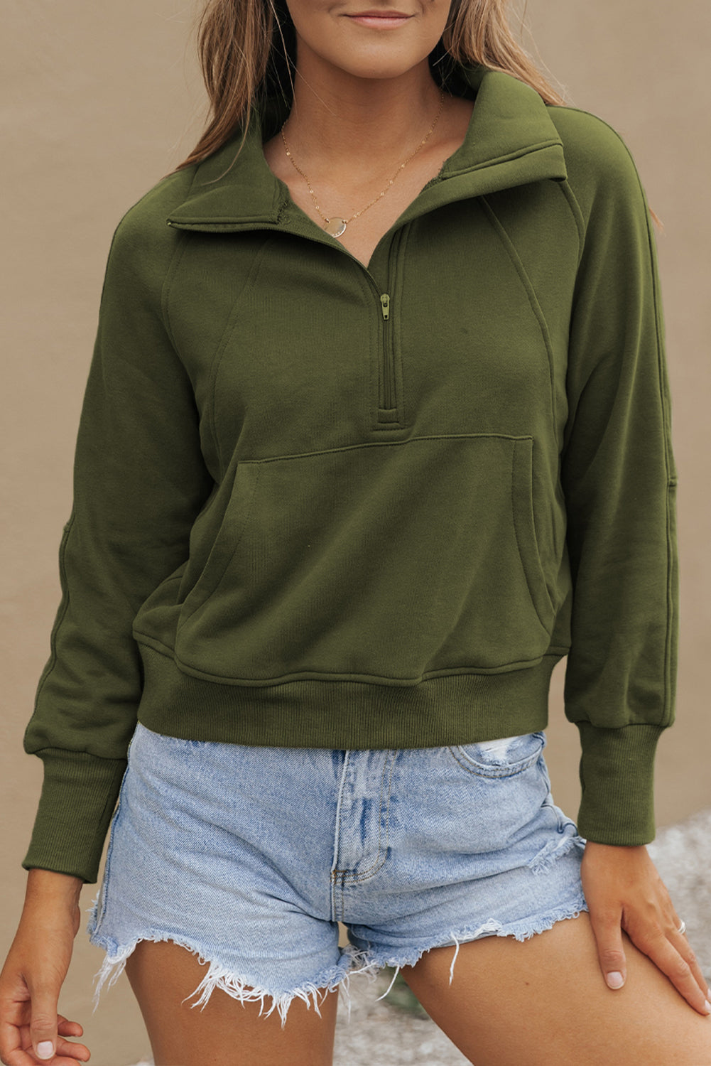 Bonbon Fleece Lined Zip Up Stand Collar Thumbhole Sleeve Sweatshirt
