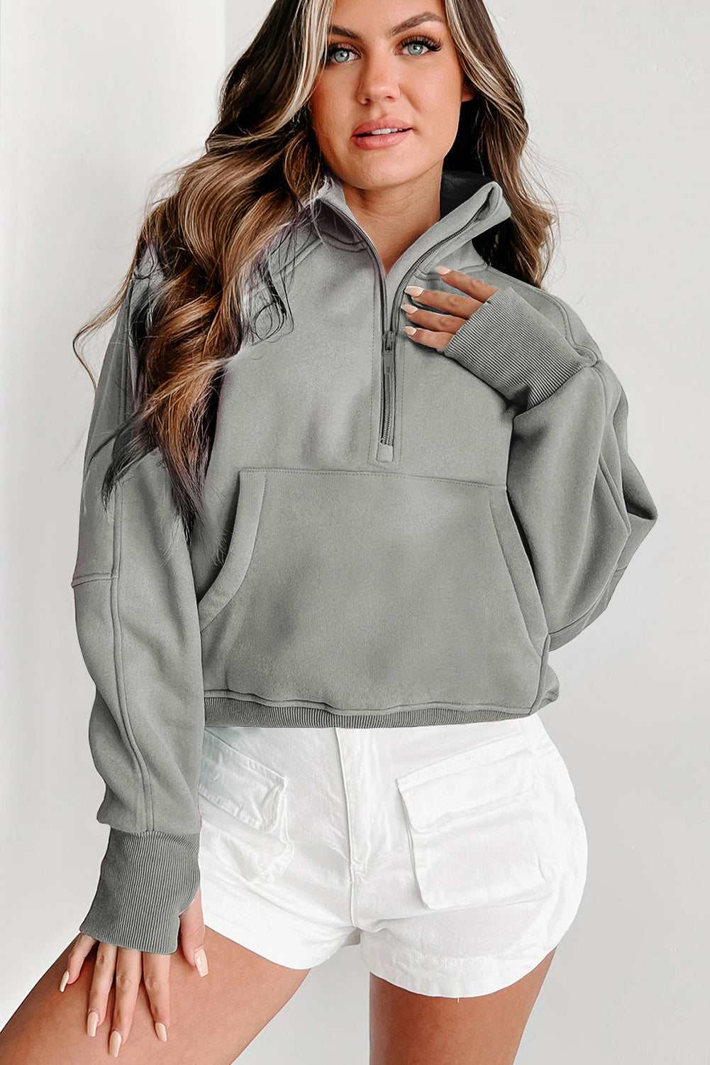 Bonbon Fleece Lined Zip Up Stand Collar Thumbhole Sleeve Sweatshirt