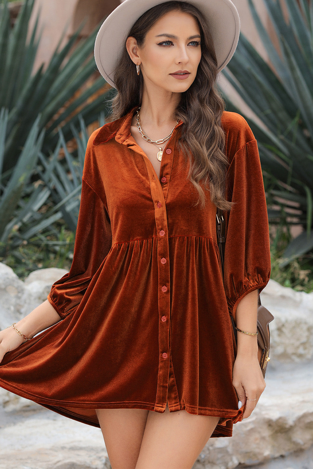 Dark Grey 3/4 Sleeve Tunic Babydoll Velvet Shirt