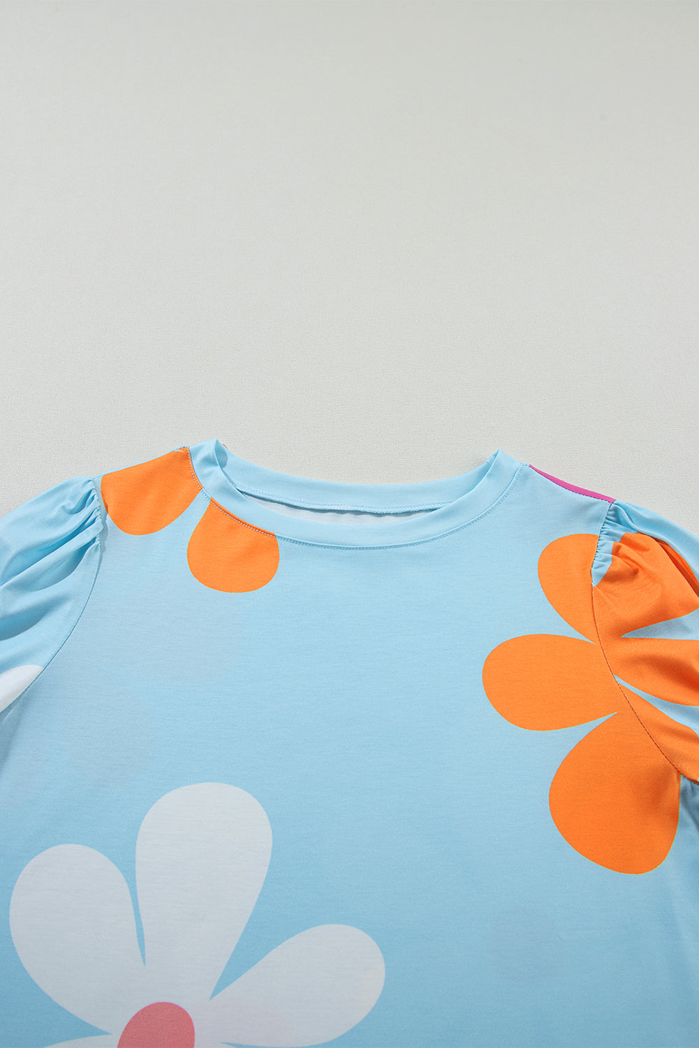 Pink Flower Print Bubble Sleeve Tee