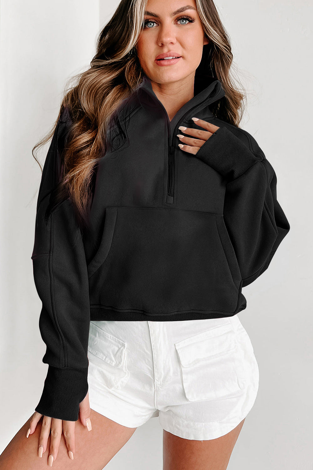 Bonbon Fleece Lined Zip Up Stand Collar Thumbhole Sleeve Sweatshirt