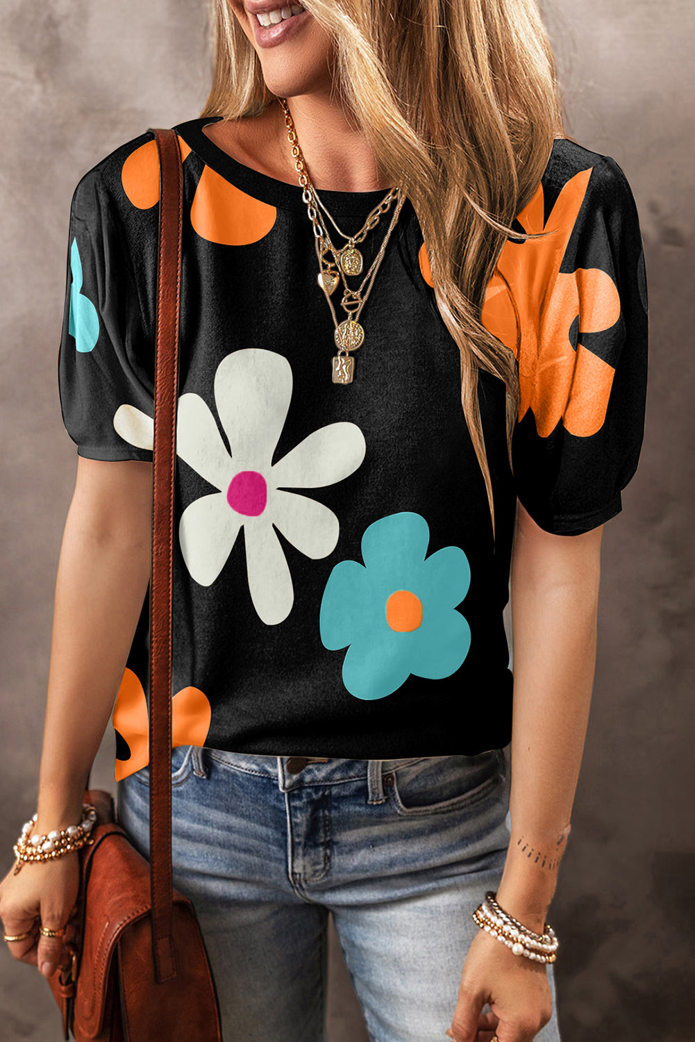 Pink Flower Print Bubble Sleeve Tee