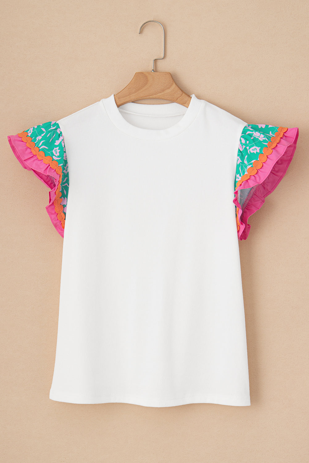 Peach Blossom Contrast Ricrac Floral Sleeve Top