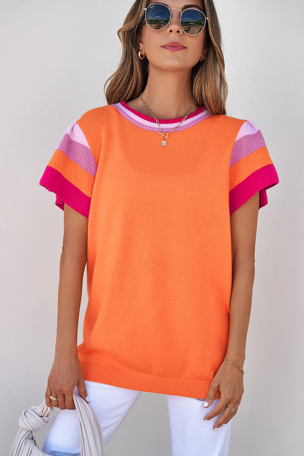 Turquoise Contrast Flutter Sleeves Knitted Sweater T Shirt