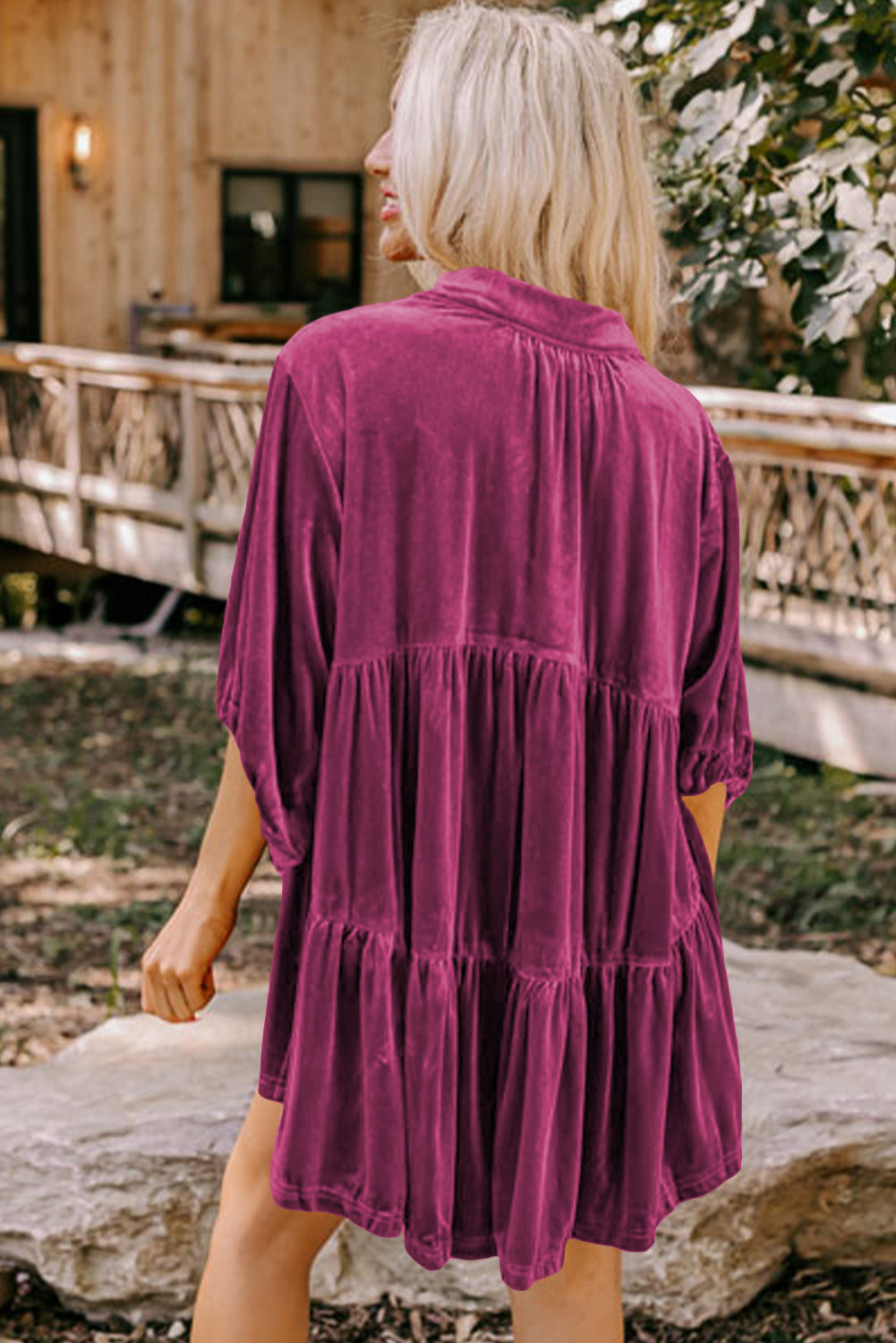 Dark Grey 3/4 Sleeve Tunic Babydoll Velvet Shirt