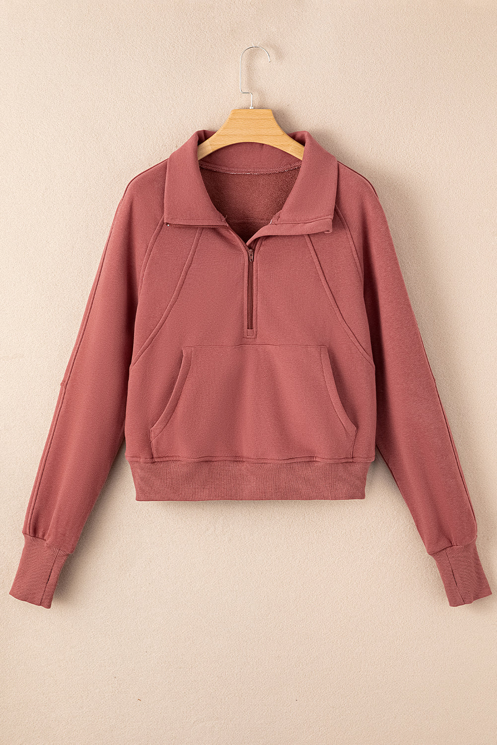 Bonbon Fleece Lined Zip Up Stand Collar Thumbhole Sleeve Sweatshirt