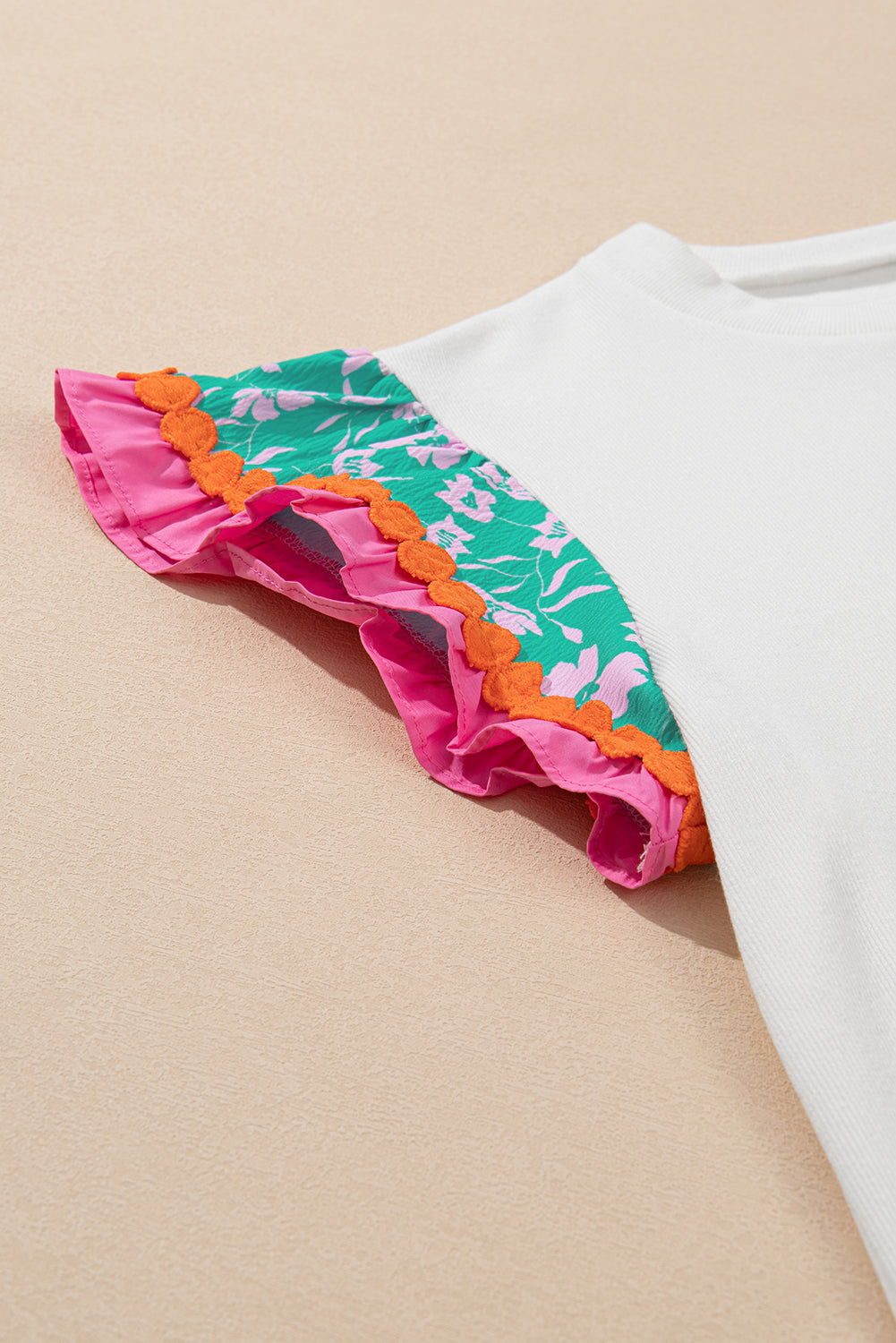 Peach Blossom Contrast Ricrac Floral Sleeve Top