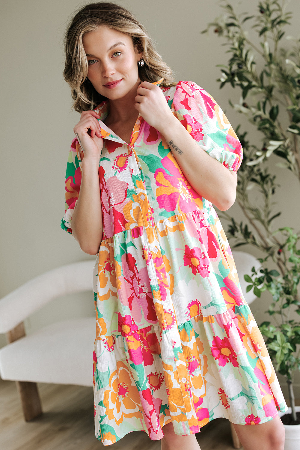 Green Floral Puff Sleeve Collar Buttoned Babydoll Dress