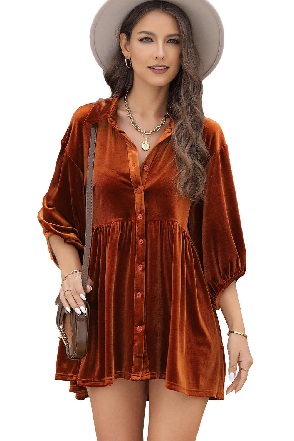 Dark Grey 3/4 Sleeve Tunic Babydoll Velvet Shirt
