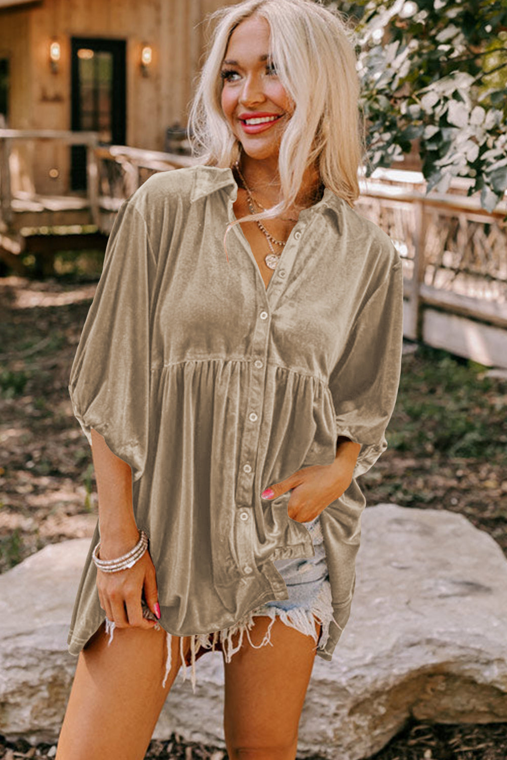 Dark Grey 3/4 Sleeve Tunic Babydoll Velvet Shirt