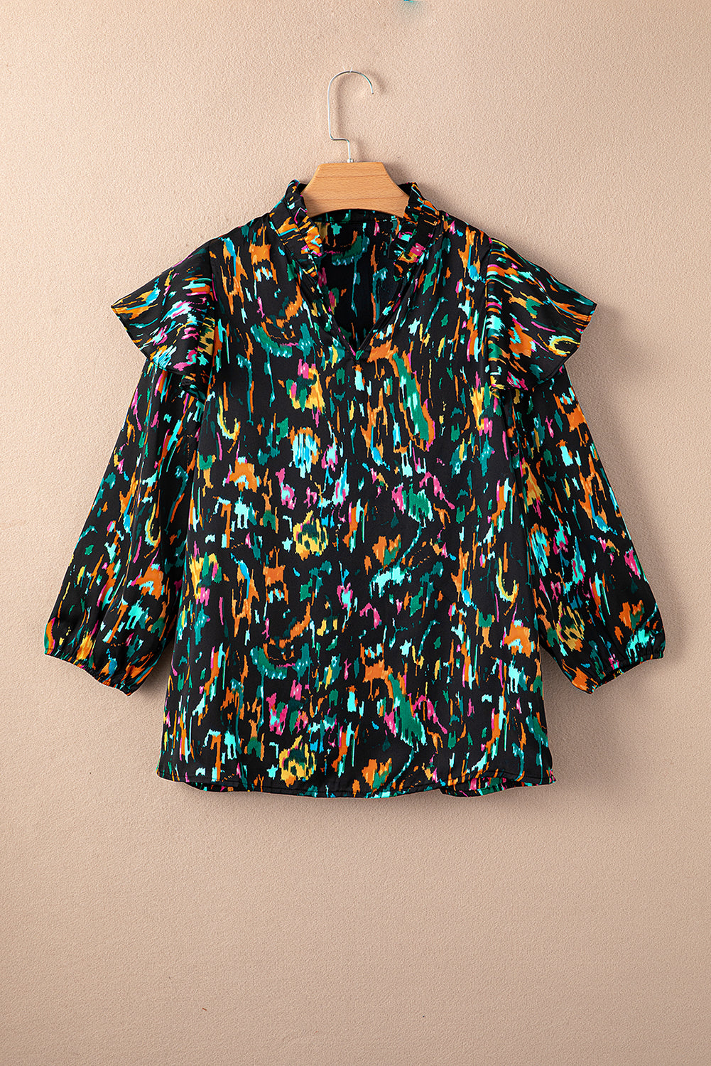Multicolor Abstract Print 3/4 Puff Sleeve Ruffle Blouse