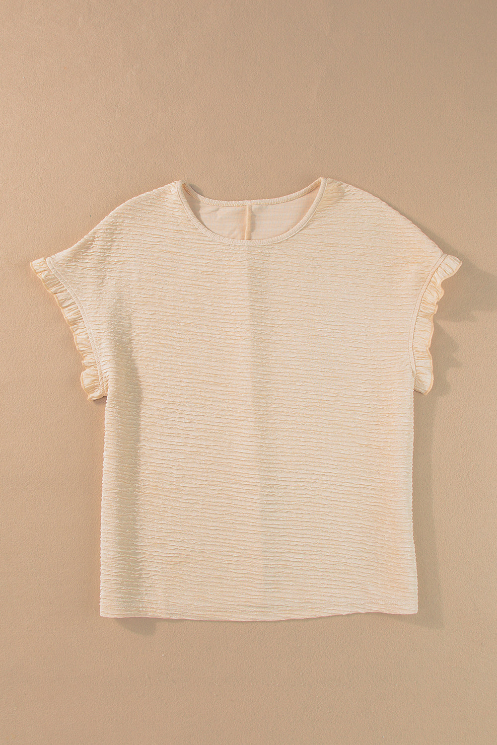 Light Pink Solid Textured Ruffled Short Sleeve Blouse